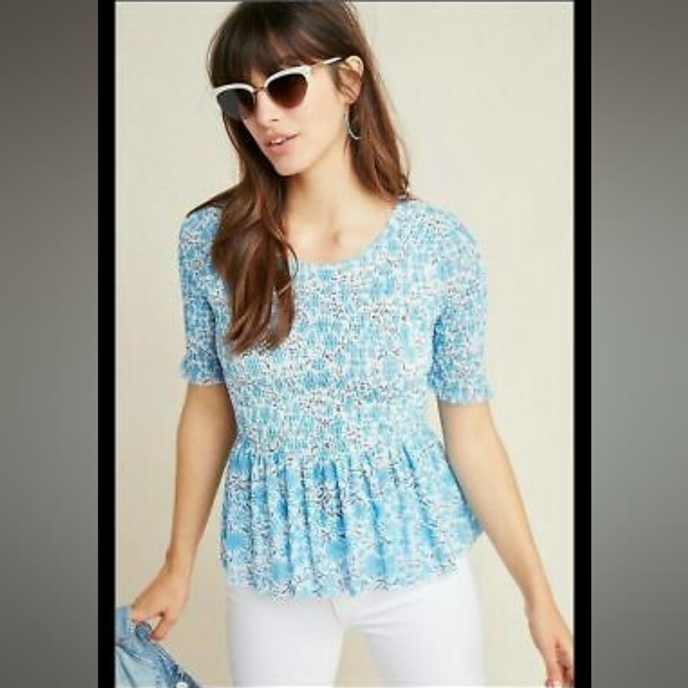 Maeve Anthropologie Ashton Smocked Floral Peplum Top In Small